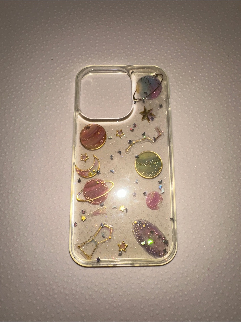 Clear Space-Themed iPhone 14 Pro Case with Pastel Planets